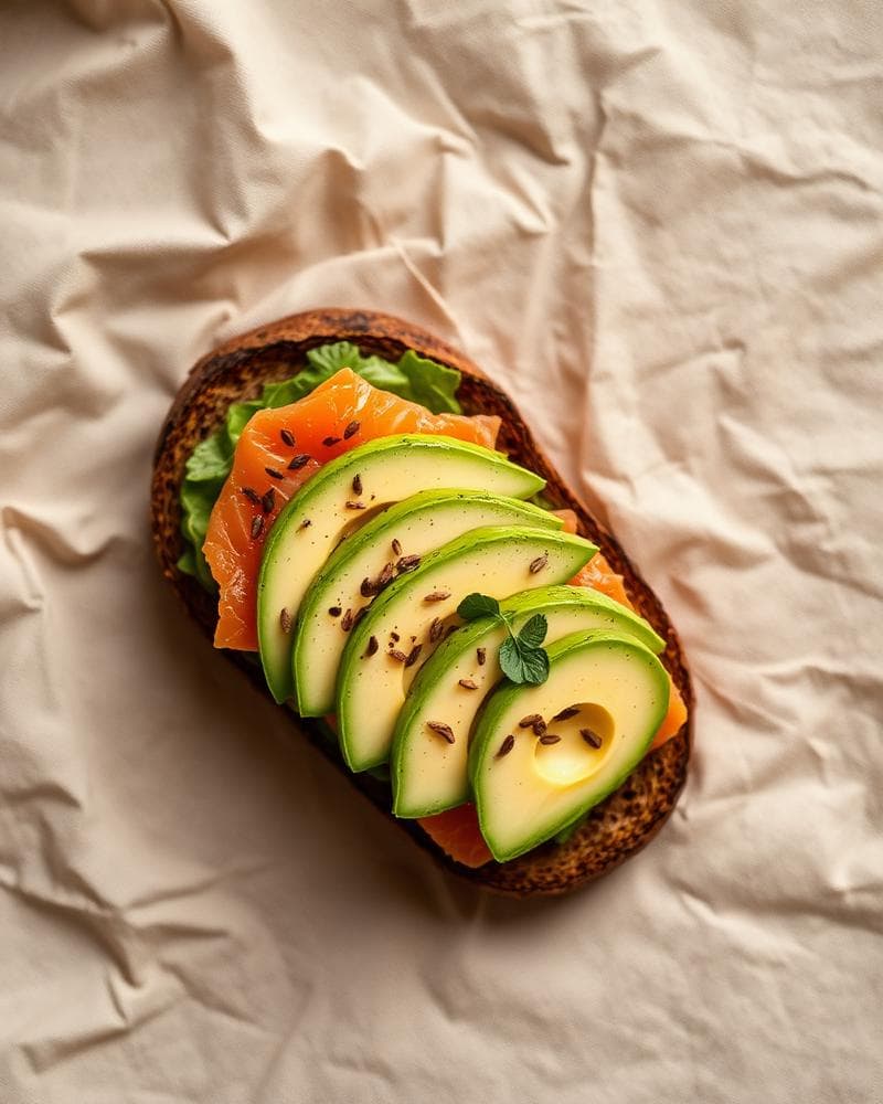 Salmon avocado toast on dark sourdough
