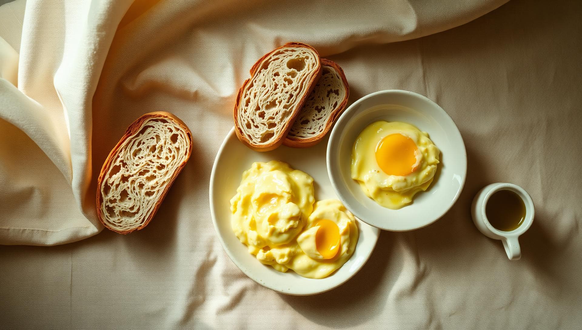 Editorial overhead photograph of a soft scrambled eggs breakfast with sourdough on linen